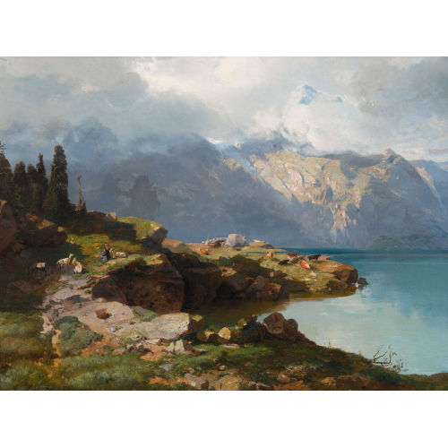FRIEDRICH ZIMMERMANN : Felsiges Bergseeufer mit Hirtin und Herde (DOBIASCHOFSKY AUKTIONEN AG)