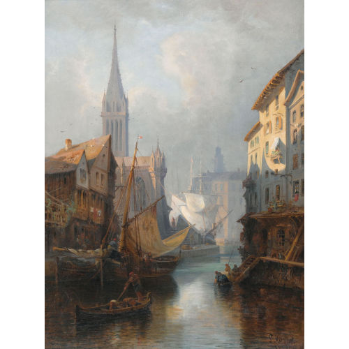 LOUIS MENNET : Stimmungsvolle Stadtansicht mit Segelbooten auf einem Kanal (DOBIASCHOFSKY AUKTIONEN AG)