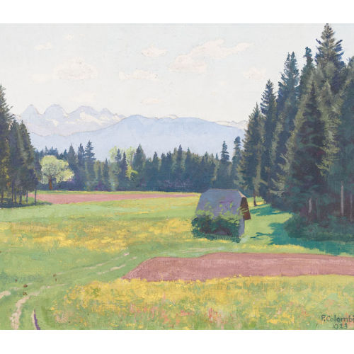 PLINIO COLOMBI : Sommerliche Wiesenpartie mit Alpenpanorama (DOBIASCHOFSKY AUKTIONEN AG)