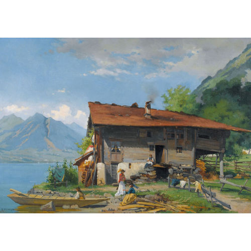 AUGUSTE BACHELIN : Sonniges Seeufer mit Bauernhaus und Staffage (DOBIASCHOFSKY AUKTIONEN AG)