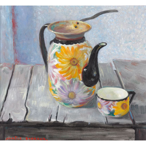 AUR�LE-REN� BARRAUD : Stillleben mit bunt bemalter Kaffeekanne und Tasse (DOBIASCHOFSKY AUKTIONEN AG)