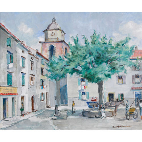 CARL SCHELLHAMMER : Belebter Stadtplatz in der Romandie (DOBIASCHOFSKY AUKTIONEN AG)