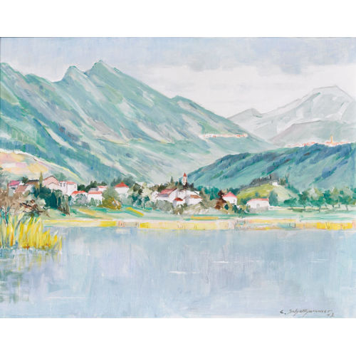 CARL SCHELLHAMMER : Seeuferpartie mit Dorf (DOBIASCHOFSKY AUKTIONEN AG)