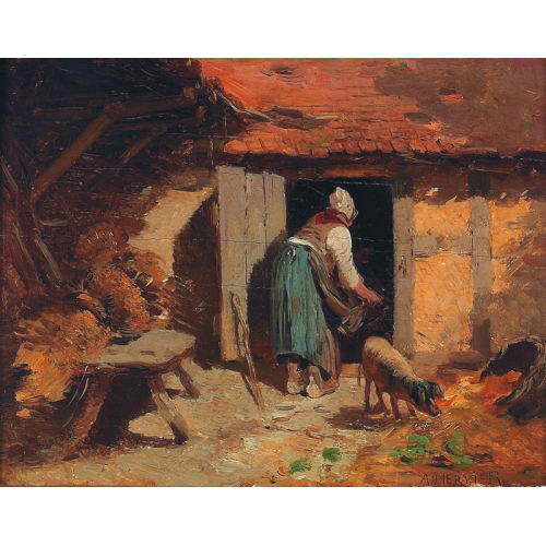 LOUIS ADOLPHE HERVIER : B�uerin bei der Schweinef�tterung (DOBIASCHOFSKY AUKTIONEN AG)