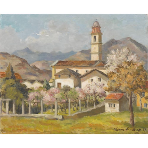 HANS VAUTIER : Dorfpartie im Fr�hling mit B�ndner Kirche und Obstgarten (DOBIASCHOFSKY AUKTIONEN AG)