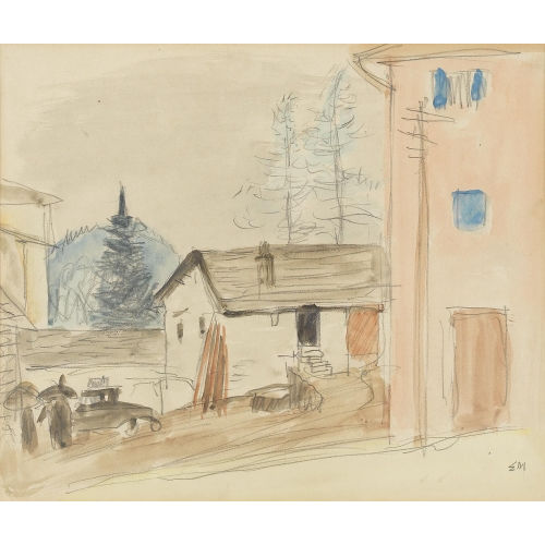 ERNST MORGENTHALER : Dorfpartie mit rosafarbenem Haus (DOBIASCHOFSKY AUKTIONEN AG)