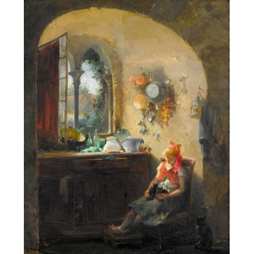 GABRIEL �DOUARD THURNER : M�dchen mit zwei K�tzchen am offenen Fenster (DOBIASCHOFSKY AUKTIONEN AG)