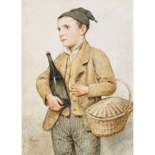 ALBERT ANKER : Knabe mit Korb und Weinflasche (DOBIASCHOFSKY AUKTIONEN AG)