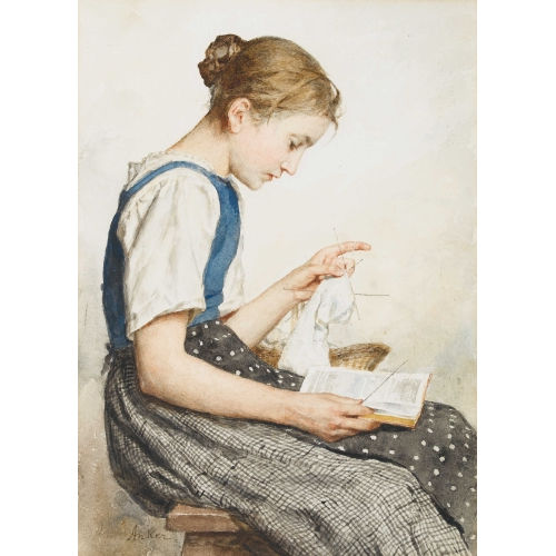 ALBERT ANKER : Strickendes M�dchen beim Lesen (DOBIASCHOFSKY AUKTIONEN AG)