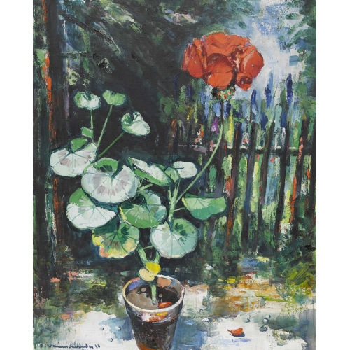 ALBERT NEUENSCHWANDER : Geranie im Topf mit Gartenzaun (DOBIASCHOFSKY AUKTIONEN AG)