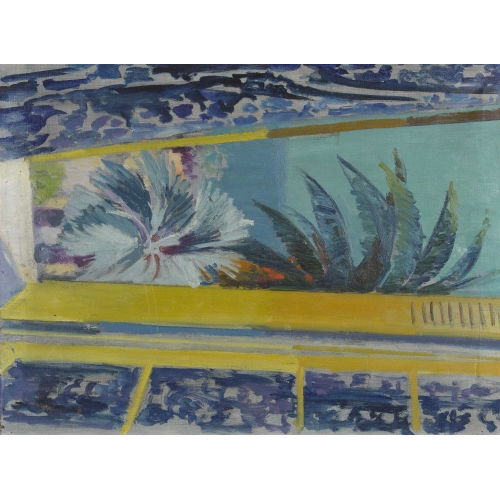 ALBERT NEUENSCHWANDER : Blick durchs Fenster auf Palmen und einen Strand (DOBIASCHOFSKY AUKTIONEN AG)