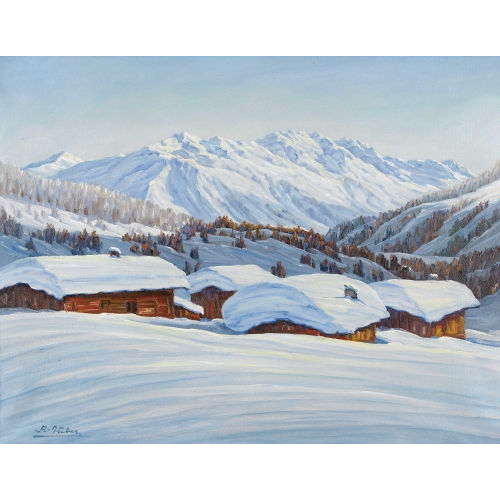 AUGUST WEBER : Verschneite Berglandschaft mit einem Dorf (DOBIASCHOFSKY AUKTIONEN AG)