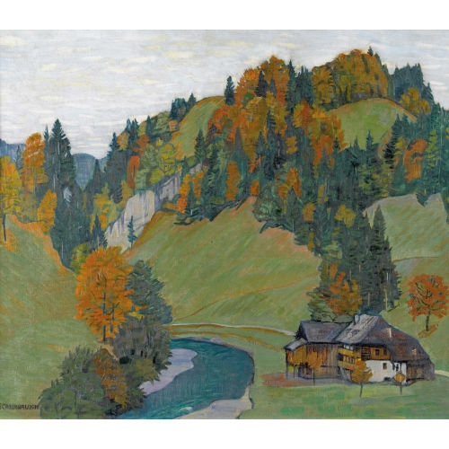 EMIL CARDINAUX : Herbstlandschaft mit Geh�ft an einem Bach (DOBIASCHOFSKY AUKTIONEN AG)