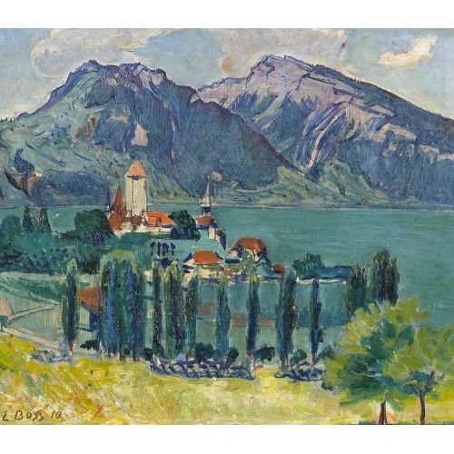 EDUARD BOSS : Thunersee mit Blick auf Spiez (DOBIASCHOFSKY AUKTIONEN AG)