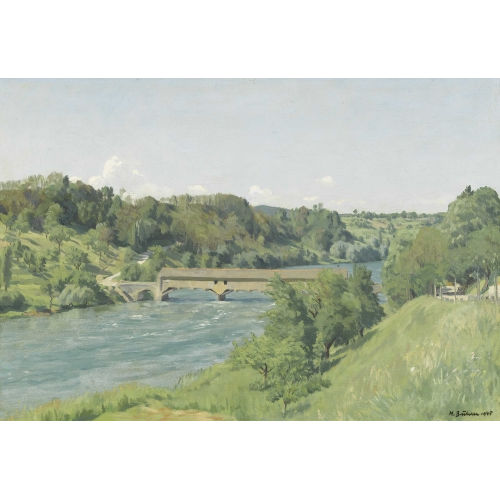 HANS B�HRER : Sommerlicher Fluss mit Holzbr�cke (DOBIASCHOFSKY AUKTIONEN AG)