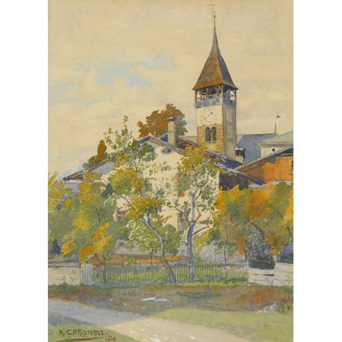 ANTON CHRISTOFFEL : B�ndner Dorf mit Kirchturm (DOBIASCHOFSKY AUKTIONEN AG)