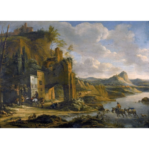 HORATIUS DE HOOCH : Italienische Landschaft mit Reitern und Ruinen (DOBIASCHOFSKY AUKTIONEN AG)