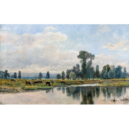 CHARLES JOSEPH BEAUVERIE : Sommerliche Flusslandschaft mit Hirten und K�hen (DOBIASCHOFSKY AUKTIONEN AG)