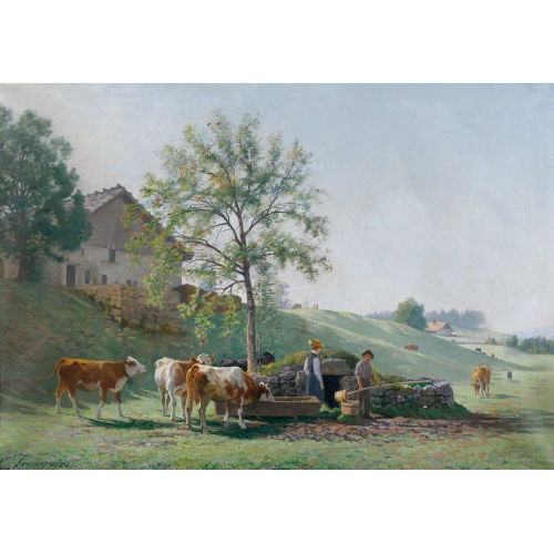 �DOUARD JEANMAIRE : Sommerliche Bauernszene in La-Joux-Perret (DOBIASCHOFSKY AUKTIONEN AG)