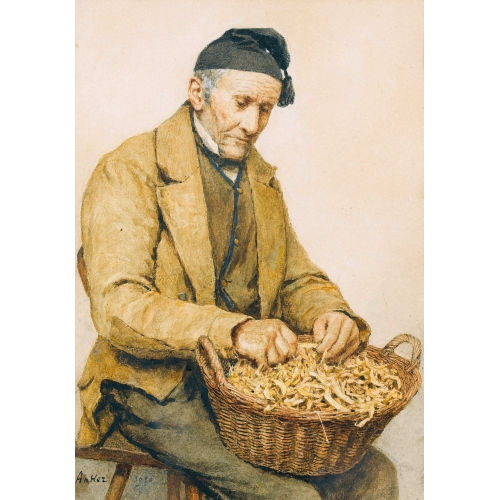 ALBERT ANKER : Alter Bauer mit Bohnenkorb (DOBIASCHOFSKY AUKTIONEN AG)