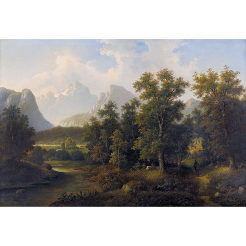 EDUARD BOEHM : Idyllische Flusslandschaft mit Bergpanorama (DOBIASCHOFSKY AUKTIONEN AG)