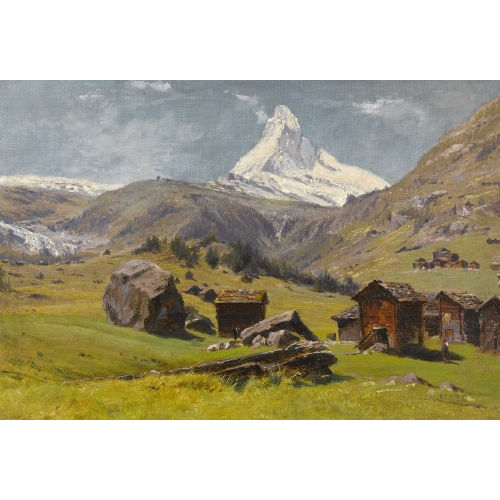 SILVIO POMA : Walliser Stadel mit Blick auf das Matterhorn (DOBIASCHOFSKY AUKTIONEN AG)