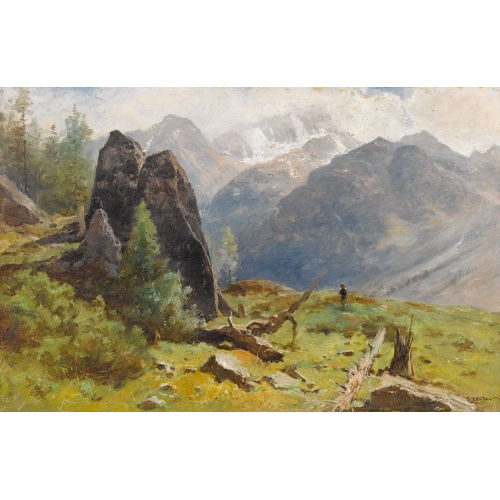 GUSTAVE EUG�NE CASTAN : Sonnige Bergpartie mit Wandersmann (DOBIASCHOFSKY AUKTIONEN AG)