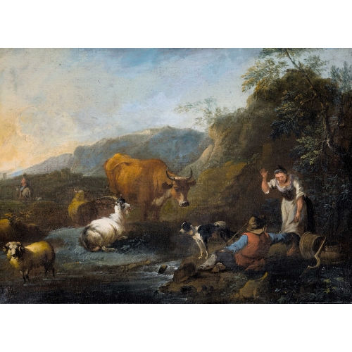 NICOLAES PIETERSZ. BERCHEM : Hirtenpaar mit Vieh an einem Bach (DOBIASCHOFSKY AUKTIONEN AG)