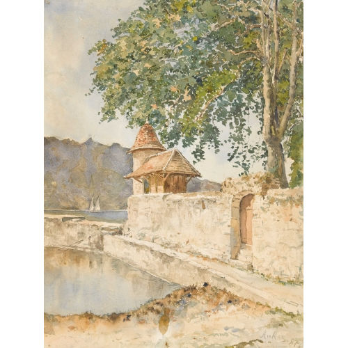 ALBERT ANKER : Sonnige Uferpartie mit altem Mauerzug (DOBIASCHOFSKY AUKTIONEN AG)