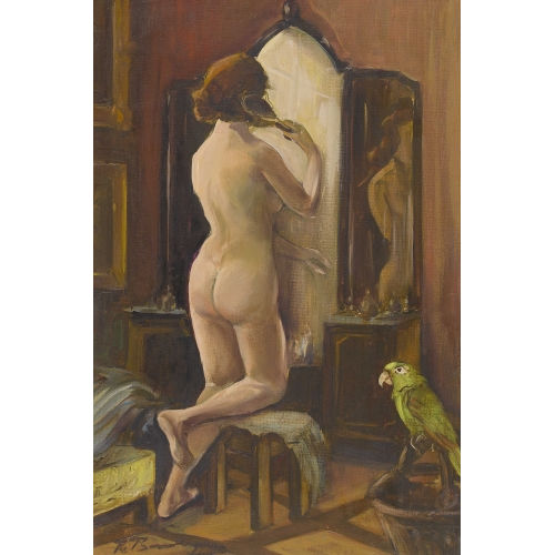 ROBERT BAUMBERGER : Unbekleidete Dame bei der Toilette mit Amazonen-Papagei (DOBIASCHOFSKY AUKTIONEN AG)
