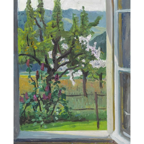 LEO DECK : Blick aus dem Fenster auf einen Fr�hlingsgarten (DOBIASCHOFSKY AUKTIONEN AG)