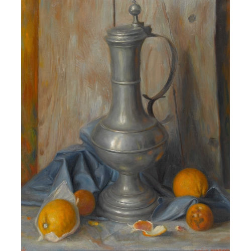 AUR�LE-REN� BARRAUD : Zinnkanne mit Orangen auf blauem Tuch (DOBIASCHOFSKY AUKTIONEN AG)