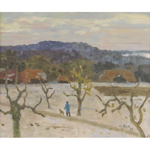 LEO DECK : Winterlandschaft mit Spazierg�nger und Hund (DOBIASCHOFSKY AUKTIONEN AG)