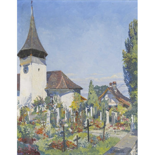 PAUL SCH�RCH : Kirchenansicht mit Friedhof in Leissigen am Thunersee (DOBIASCHOFSKY AUKTIONEN AG)