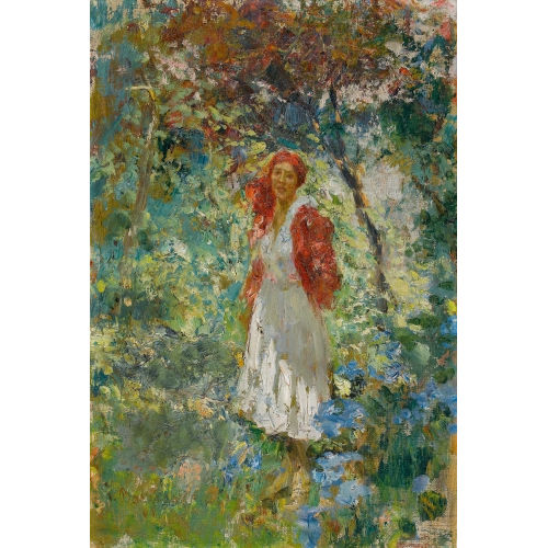 LEONARDO BAZZARO : Junge Frau mit rotem Kopftuch im Sommergarten (DOBIASCHOFSKY AUKTIONEN AG)