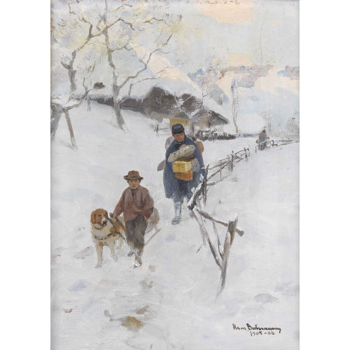 HANS BACHMANN : Wintermorgen mit einem Postboten (DOBIASCHOFSKY AUKTIONEN AG)
