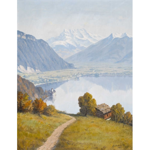 ALBERT DUPLAIN : Genfersee mit Schloss Chillon und Dent Blanche (DOBIASCHOFSKY AUKTIONEN AG)