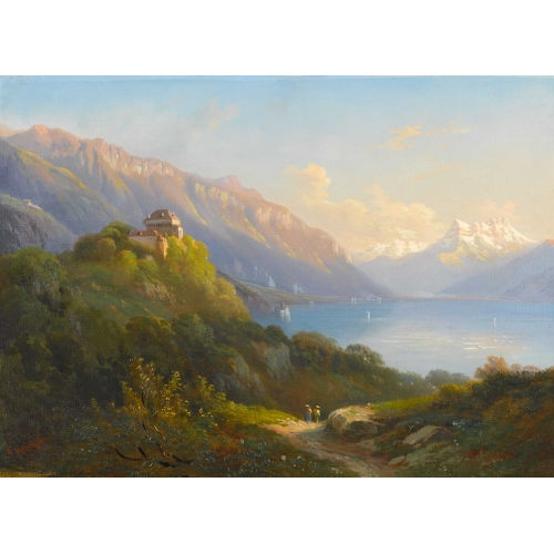 CHARLES LOUIS GUIGON : Les ch�teaux du Ch�telard et de Chillon avec Dent Blanche (DOBIASCHOFSKY AUKTIONEN AG)