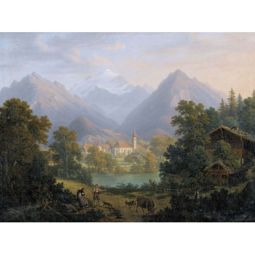 ANTON WINTERLIN : Idyllische Landschaft mit Bergkulisse und Dorf (DOBIASCHOFSKY AUKTIONEN AG)
