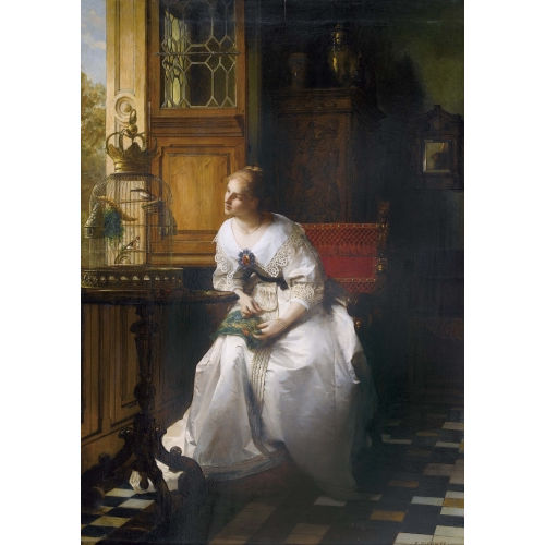 PIERRE-CHARLES COMTE : Frau am Fenster mit Stieglitzen im K�fig (DOBIASCHOFSKY AUKTIONEN AG)