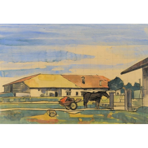 ALBERT SCHNYDER : 'Carriole devant la ferme' (DOBIASCHOFSKY AUKTIONEN AG)