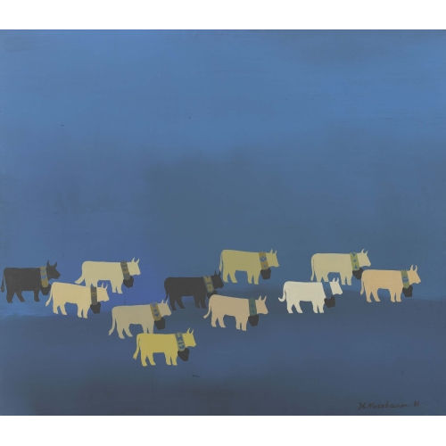 WALTER NUSSBAUM : Kuhherde mit Glocken auf blauem Grund (DOBIASCHOFSKY AUKTIONEN AG)