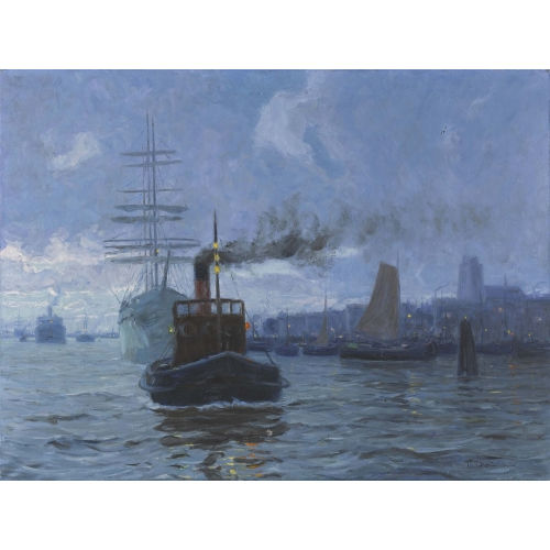 PAUL KUTSCHA : Abendlicher Hafen mit einem Schlepper (DOBIASCHOFSKY AUKTIONEN AG)