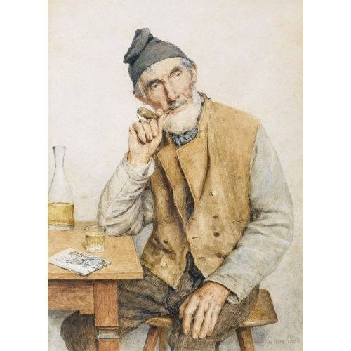 ALBERT ANKER : 'Bei einem Glas Weisswein sitzender Bauer mit Pfeife' (DOBIASCHOFSKY AUKTIONEN AG)