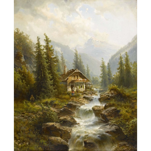 LEONHARD PAULUS : Gebirgslandschaft mit Bauernhaus am Bach (DOBIASCHOFSKY AUKTIONEN AG)