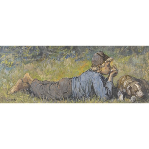 KARL SCHENK : Liegender Knabe mit Mundharmonika und Hund (DOBIASCHOFSKY AUKTIONEN AG)