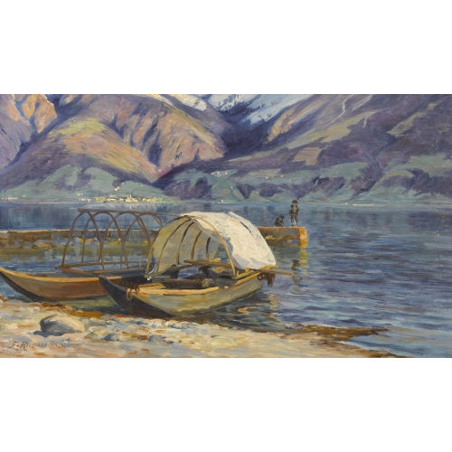 FRITZ-�DOUARD HUGUENIN-LASSAUGUETTE : Boote am Ufer des Lago Maggiore (DOBIASCHOFSKY AUKTIONEN AG)