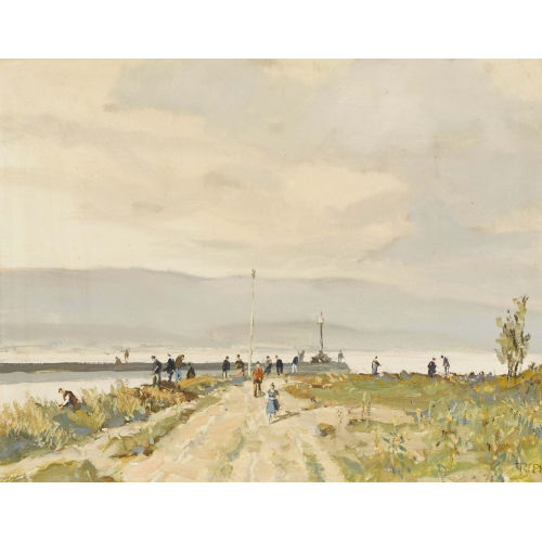 RUDOLF M�LLER : Sonnige Uferpartie mit Spazierg�ngern (DOBIASCHOFSKY AUKTIONEN AG)