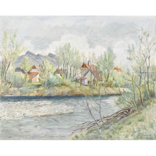 CARL SCHELLHAMMER : Flusspartie mit Dorf (DOBIASCHOFSKY AUKTIONEN AG)