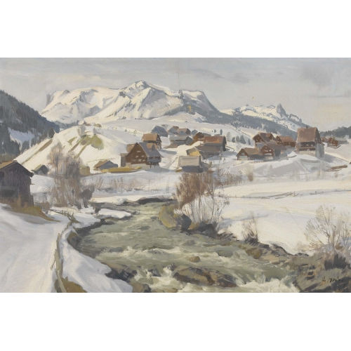ERNST II HODEL : Verschneite Berglandschaft mit einem Bach (DOBIASCHOFSKY AUKTIONEN AG)